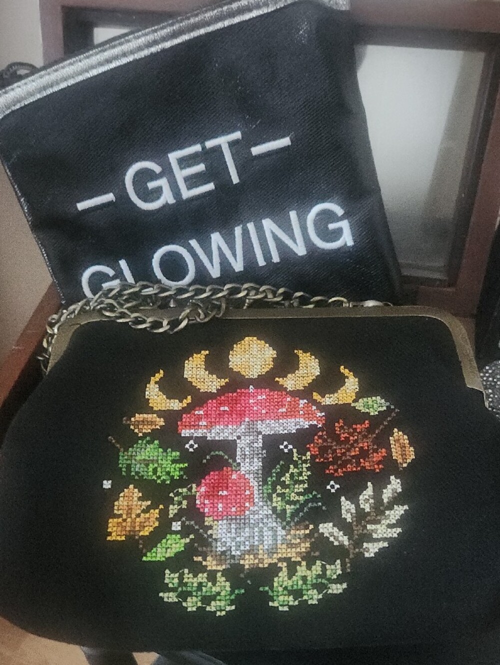 Black Embroidered Mushroom Clutch with Gold Frame